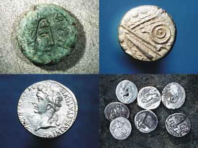 Abb. 3: Keltische Bronze- und Goldmünze, römische Silbermünzen Abb. 3: Keltische Bronze- und Goldmünze, römische Silbermünzen